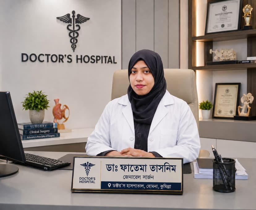 ডাঃ ফাতেমা তাসনিম - পাইলস,ফিস্টুলা, ব্রেস্ট টিউমার, পিত্তথলির পাথর, পাকস্থলী, হার্নিয়া, এপেন্ডিকস বিশেষজ্ঞ ও সার্জন, ডক্টরস হাসপাতাল কুমিল্লা
